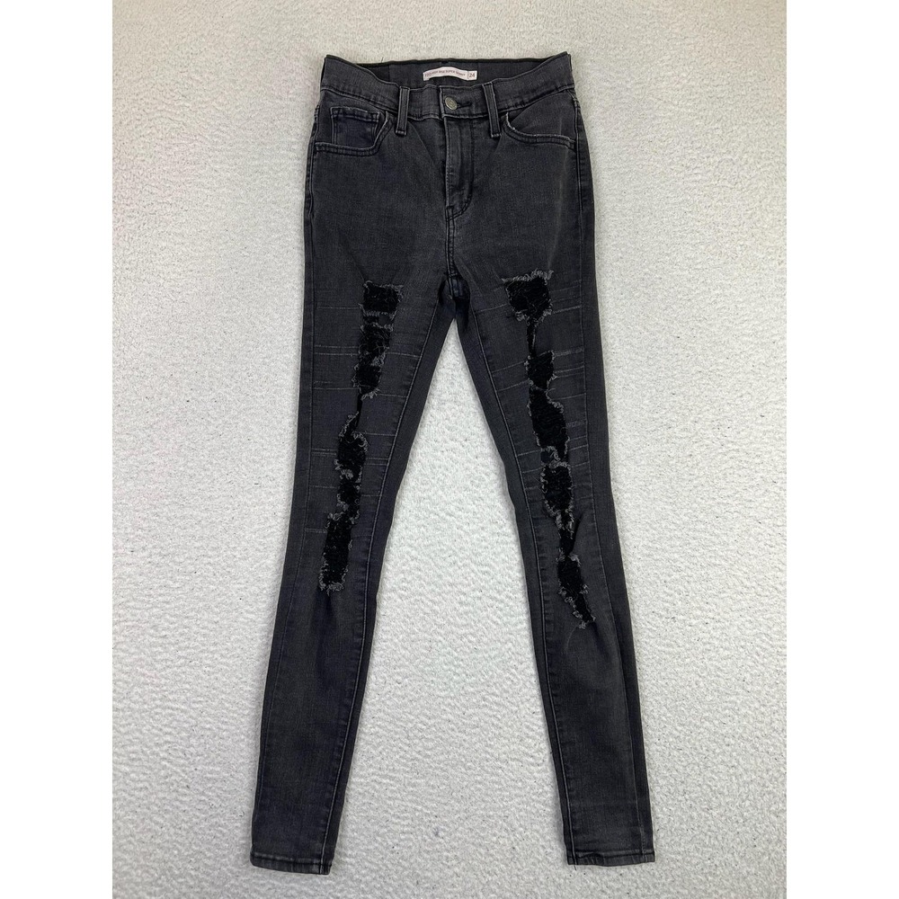 Levis 720 High Rise Super Skinny Jeans Womens 24x30 Black Distressed Denim‎
